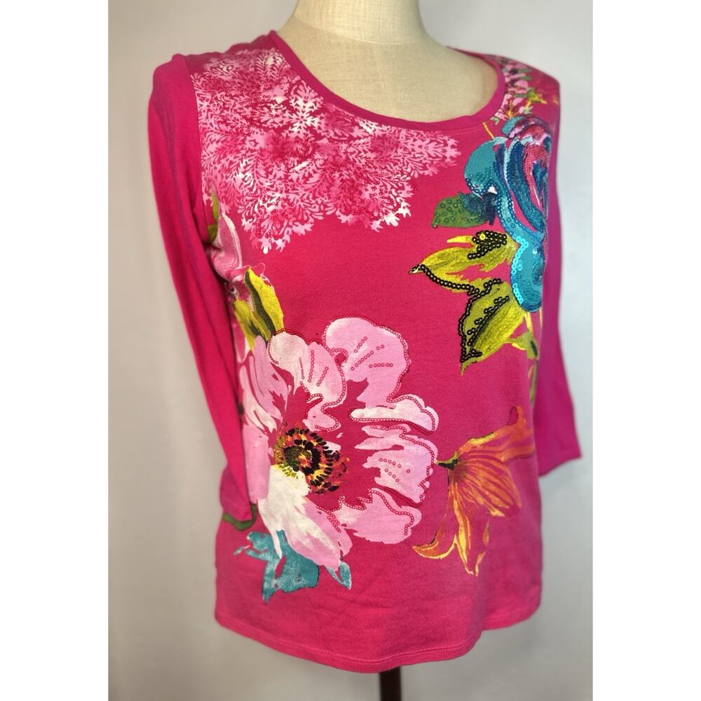 Hot Pink Sequin Fairy Floral Cottage Medium Boho 3/4 Sleeve Top Onque Casual